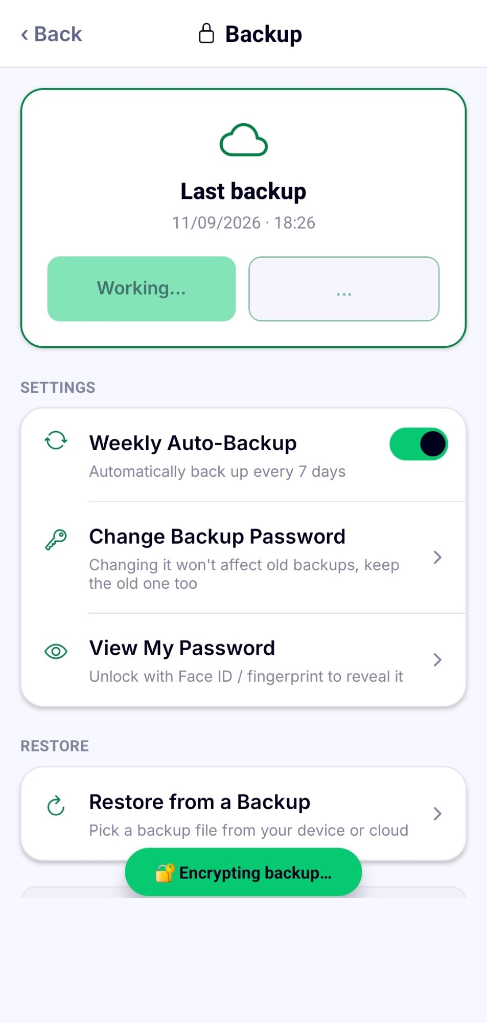 Backup screen showing an in-progress encrypting backup message, plus controls to change or view the backup password with fingerprint or face unlock