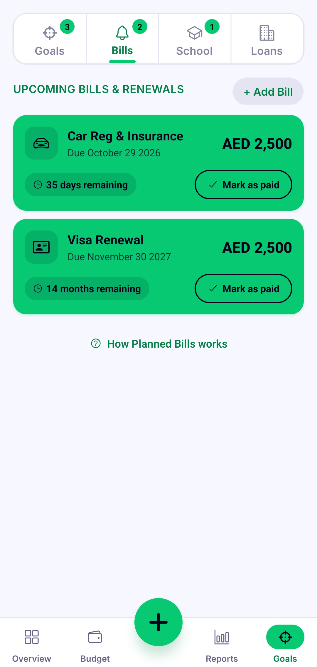 Bills screen listing upcoming bills and renewals: Car Reg & Insurance due October 29 2026 and Visa Renewal due November 30 2027, each with a Mark as paid button