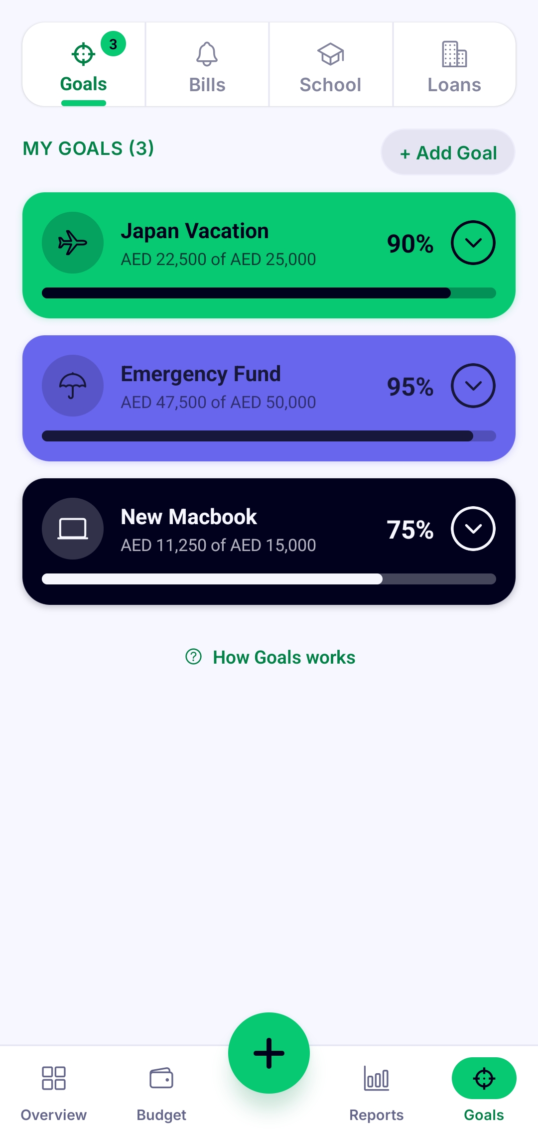 Goals screen showing Japan Vacation, Emergency Fund and New Macbook goals with progress bars