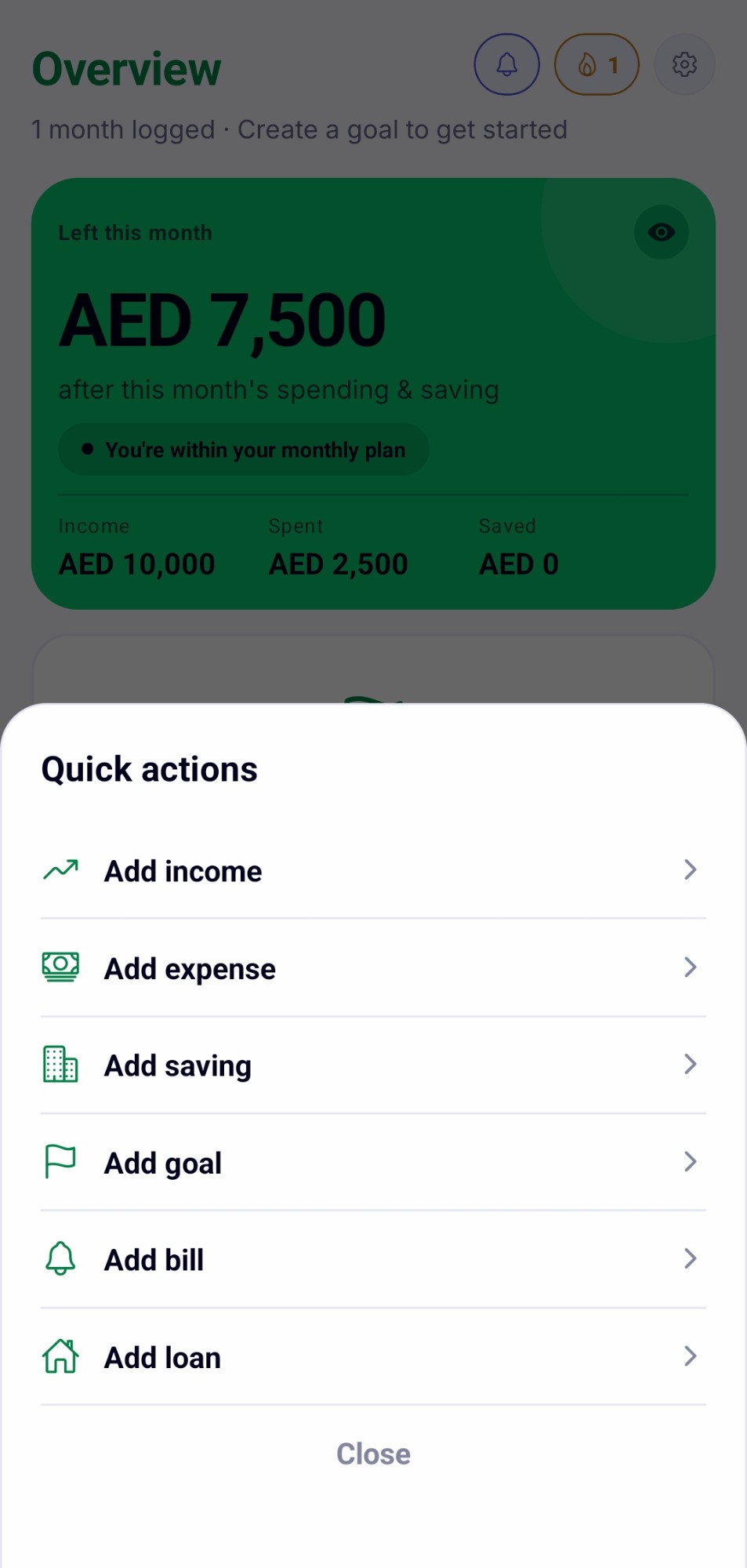 Quick actions sheet over the Overview screen, offering to add income, an expense, savings, a goal, a bill or a loan