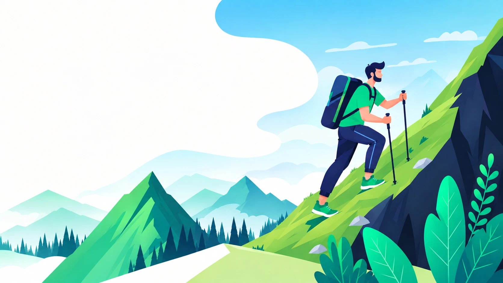A hiker climbing a green mountain trail, reaching toward the summit