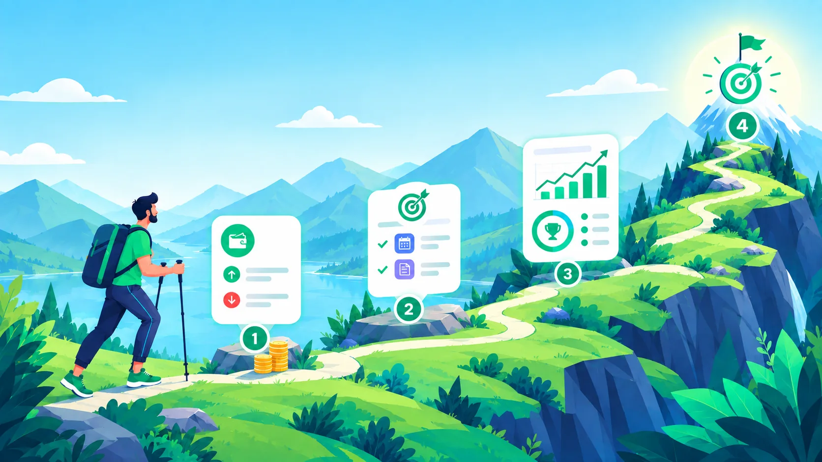 A hiker walking a mountain path with four milestone cards along the way: adding income and expenses, setting goals, checking reports, and reaching the target
